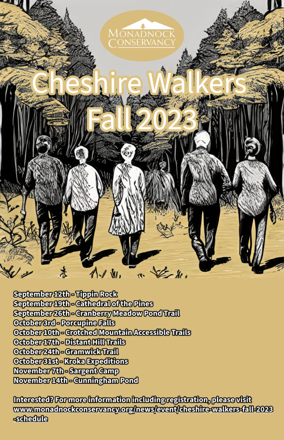 A flyer for the Cheshire Walkers Calendar showing a group of senior adults walking into the woods with the words "Cheshire Walkers 2023" in the center. Dates and locations for the walks are also listed, that information is also on the page. 