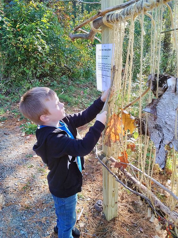 Boy facing sideways holding stick and leaves