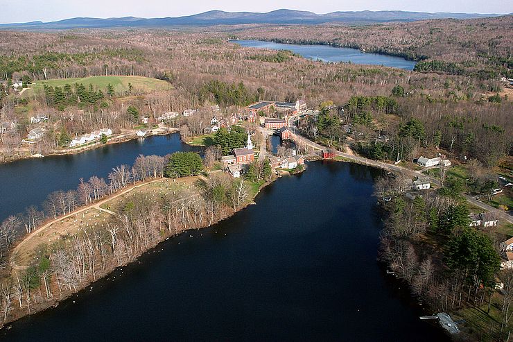 Aerial view of Harrisville village surrounded by ponds