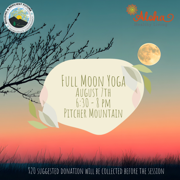 a photo of a full moon over a forest. the text reads "full moon yoga, August 7th, Pitcher Mountain, 6:30pm to 8pm. A $20 suggested donation will be collected before the session begins."